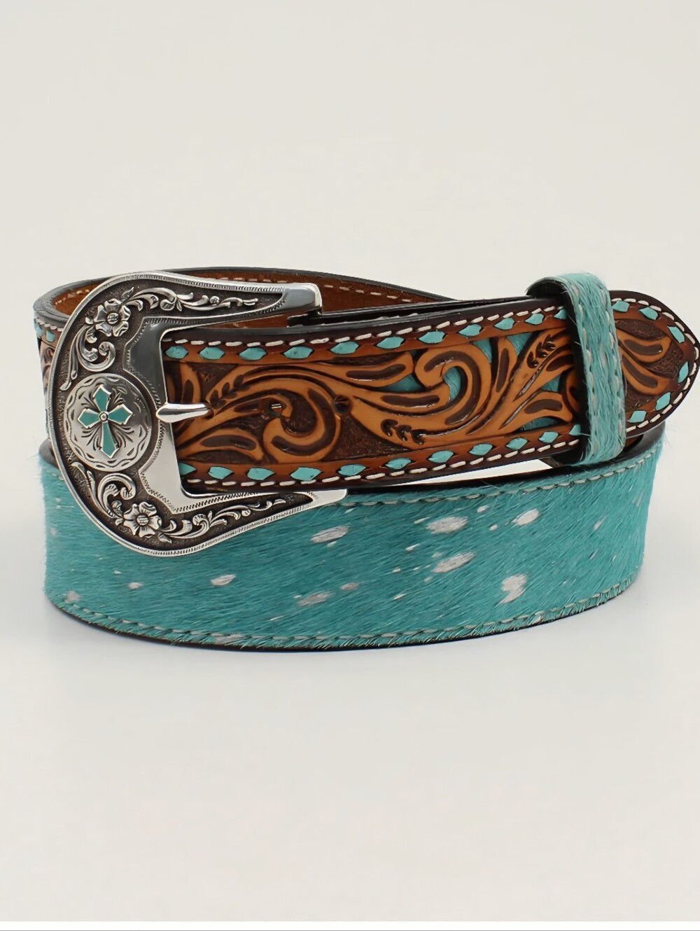 Angel Ranch Genuine Leather Turquoise Hair-On Western Belt Hand Tooled Inlay